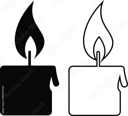 Candle flame icon set collection group, wax, light, fire, lantern, illumination symbols, decorative candles, burning wick shapes in flat and line style black vector illustration isolated