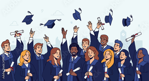 Happy diverse graduates in robes tossing caps and holding diplomas in celebration