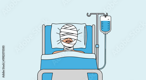 A patient with their head wrapped in medical bandages resting in a hospital bed