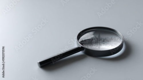 A 3D render of a magnifying glass enlarging a single coin to show a whole city inside