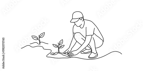 A simple line drawing of a person wearing a cap kneeling down to plant small saplings in the soil Vector, illustration