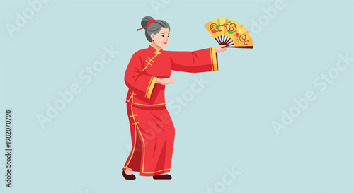 An elderly woman in red traditional clothing performing tai chi with a gold fan