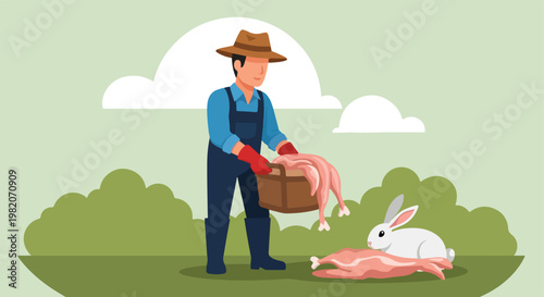 A cartoon farmer holds a basket of raw poultry beside a white rabbit outdoors