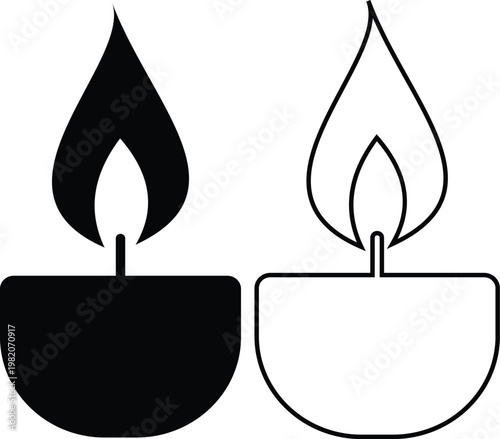 Candle flame icon set collection group, wax, light, fire, lantern, illumination symbols, decorative candles, burning wick shapes in flat and line style black vector illustration isolated