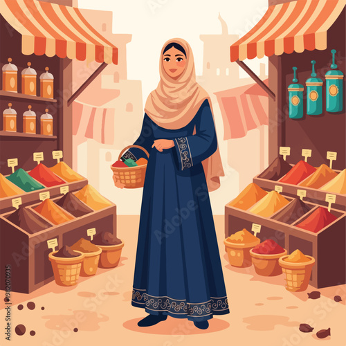 A woman in a blue abaya holding a basket in an outdoor spice market
