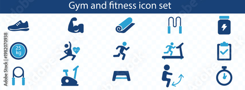 A collection of blue gym and fitness icons depicting equipment activities and measurements for a healthy lifestyle high quality professional detailed modern