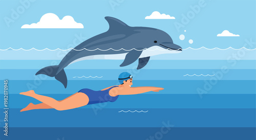 A cartoon dolphin leaps above a woman swimming underwater in the blue ocean sea