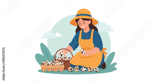A cheerful woman in an apron and hat collecting speckled quail eggs in a basket