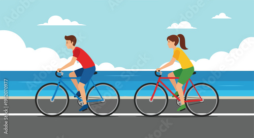 A man and a woman ride bicycles along a scenic coastal road under sunny skies
