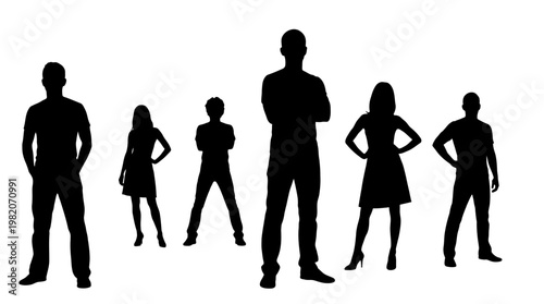 Six diverse human silhouettes standing in various poses against a white background, representing a group of people.