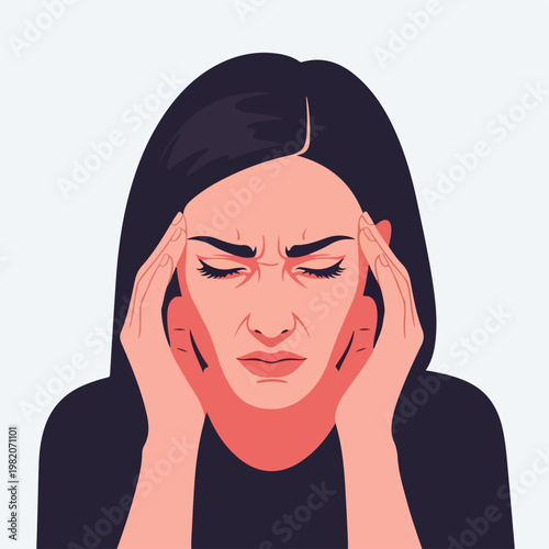 A young woman holds her head with both hands, expressing severe pain or headache