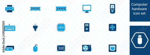 A collection of blue computer hardware icons depicts components like printers ram monitors and storage devices high quality professional detailed modern elegant
