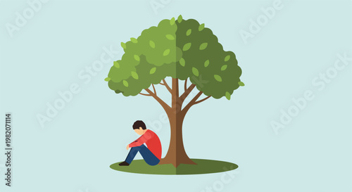 A depressed man sitting alone under a tree, representing loneliness and sadness