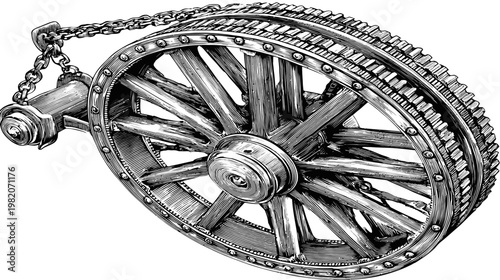 Intricate etching of a large, heavily-chained wheel with a cogged rim and a central hub