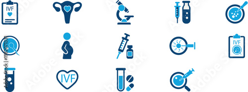 A collection of blue icons representing in vitro fertilization reproductive health and assisted reproductive technologies high quality professional detailed modern elegant stylish