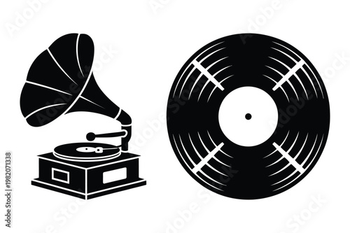 Black and white icons of a vintage gramophone and a vinyl record with gramophone