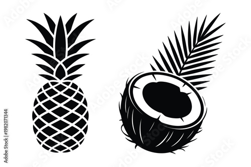 Black and white icon of a whole pineapple and a half coconut with pineapple