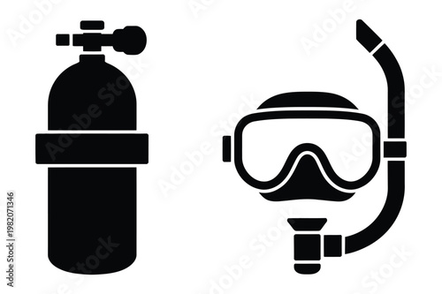 Black and white icon of a scuba tank and a diving mask with snorkel, equipment