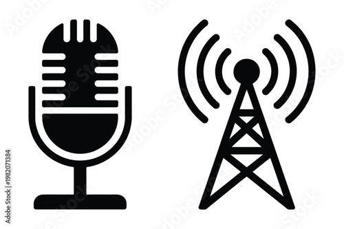 Microphone and broadcast tower icons representing audio and radio transmission