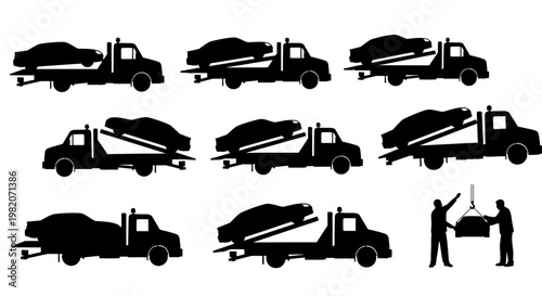 Black silhouettes of tow trucks transporting cars and roadside assistance workers