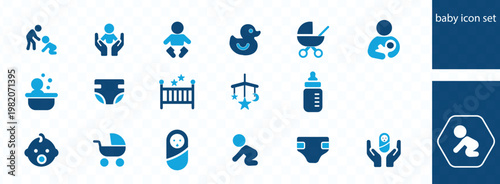 A collection of flat blue baby related icons depicting care feeding sleep and various infant essentials high quality professional detailed modern elegant