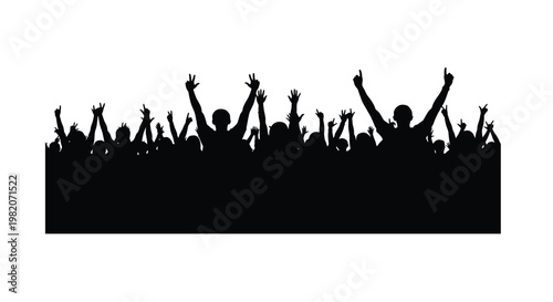 A large crowd of people with hands raised in a celebratory gesture