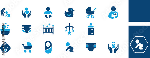 A collection of flat blue icons depicting various aspects of baby care infancy and childcare essentials high quality professional detailed modern elegant