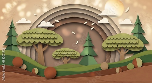 Paper Cut Forest Landscape with Rainbow.