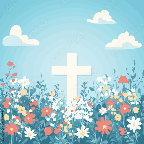 A serene landscape featuring a white cross surrounded by vibrant flowers under a blue sky with fluffy clouds.