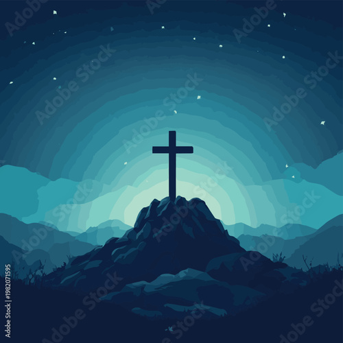 A serene night scene with a cross atop a mountain, illuminated by a starlit sky, symbolizing hope and spirituality.