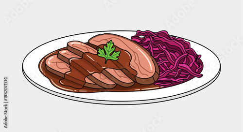 A platter of sliced roast beef with brown gravy and shredded red cabbage salad