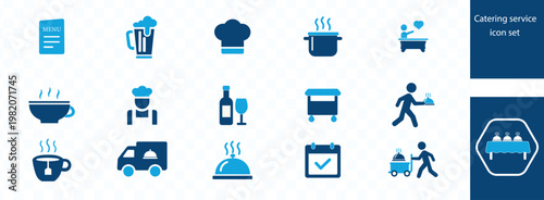 A collection of blue catering service icons depicts food drinks equipment and personnel related to event hospitality high quality professional detailed modern