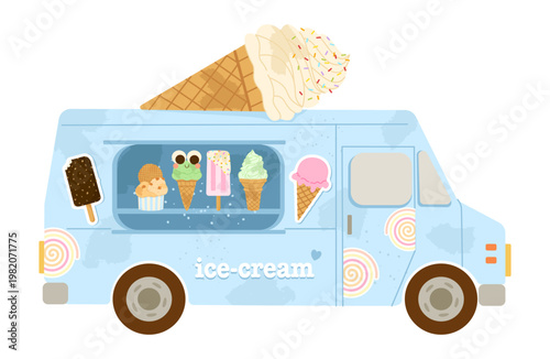 Ice cream cute truck. Street food van with colorful desserts isolated on white background. Perfect for posters, stickers, kids products and summer designs. Flat vector illustration.