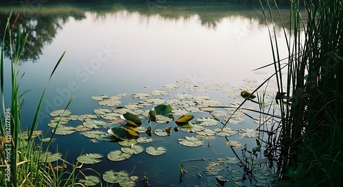 Peaceful pond water surface with floating lily pads and tall reeds at sunset