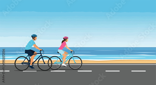 A man and woman wearing helmets cycling on a paved road beside a sandy beach