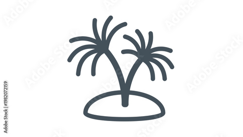 Minimalist black line vector icon illustration of two tropical palm trees on a small desert island, perfect for summer vacation, travel agency branding, and exotic beach destination symbols.