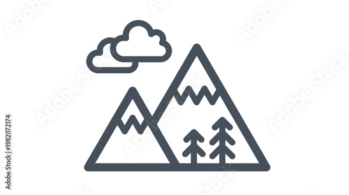 Minimalist black vector icon of mountain peaks with snow caps, clouds, and pine trees. Scalable line art illustration representing nature, hiking, camping, and outdoor adventure scenery.