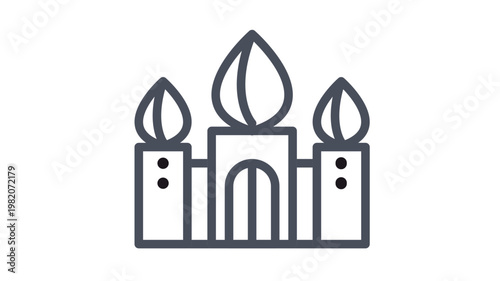 Canvastavla Black line art vector icon of a mosque or Islamic building with three onion domes and an arched entrance, minimalist geometric illustration for religious and cultural design projects