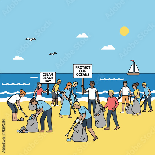 Diverse group of people cleaning litter from a sunny beach with picket signs