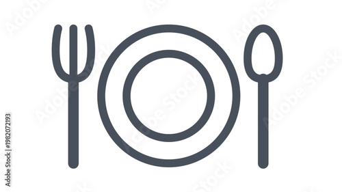 Minimalist black vector icon of a dinner plate with a fork and spoon on either side, representing dining, food, restaurant, or mealtime, isolated on a white background for graphic design use.