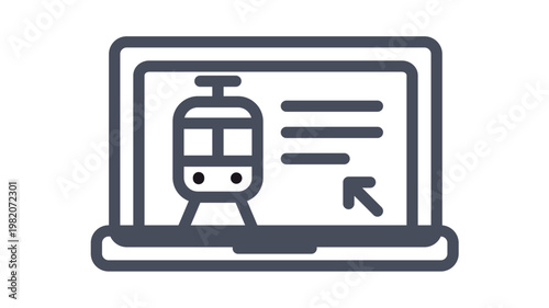 Minimalist black line vector icon of a laptop computer displaying a train interface for online booking, ticket reservation, railway schedule, or travel planning information on a white background.