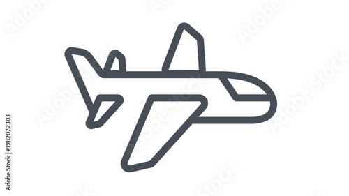 Minimalist black line art vector icon of a commercial airplane or private jet flying, isolated on a white background. Clean and scalable graphic illustration for travel, aviation, and transport.