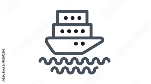 Black line art vector icon illustration of a large cruise ship or passenger ferry sailing on ocean waves, minimalist symbol for maritime travel, sea transportation, nautical tourism, and vacation