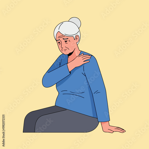 An elderly woman with white hair feeling pain in her shoulder, flat illustration