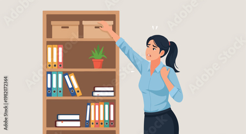 Stressed woman reaching for a high box on a shelf in a modern office workspace