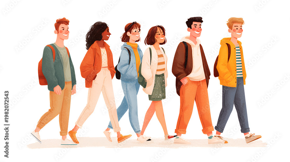 Fototapeta premium Group of friends walking together in the street in summer isolated on white and white background background