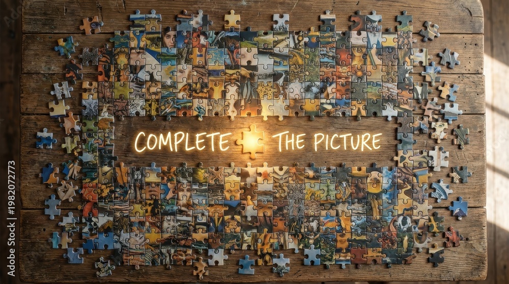 Fototapeta premium Scattered Puzzle Pieces View From Above