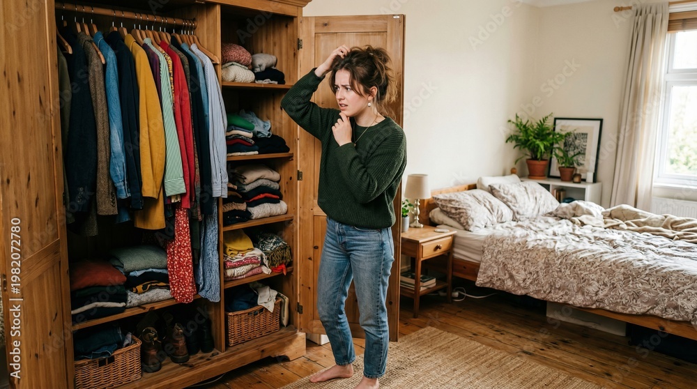 Fototapeta premium Confused young woman standing near open wardrobe choosing clothes, decision making and lifestyle concept