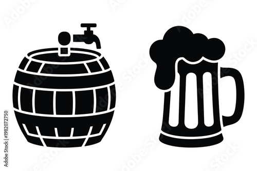 Beer mug with foam and wooden barrel with tap vector icons beverage container