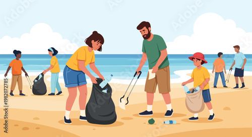 Diverse group of people cleaning up plastic waste together on a sandy beach shore